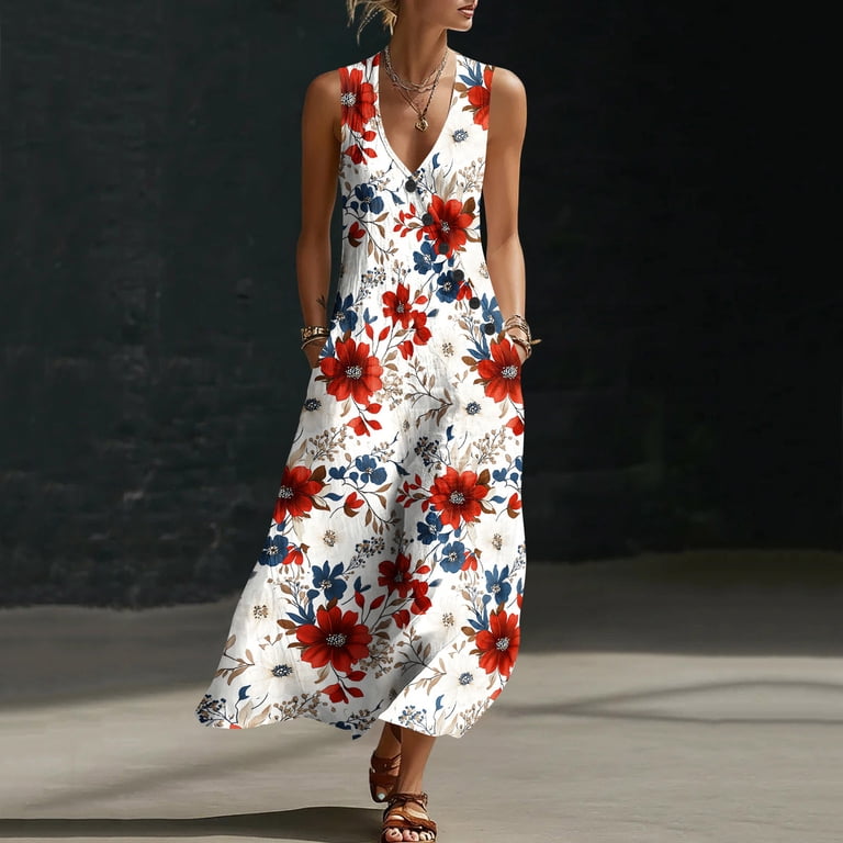 Lovzfmll Summer Solid Sleeveless V-Neck Long Relaxed Dress for Women Designer Style Print Loose V-Neck Red-A, XL