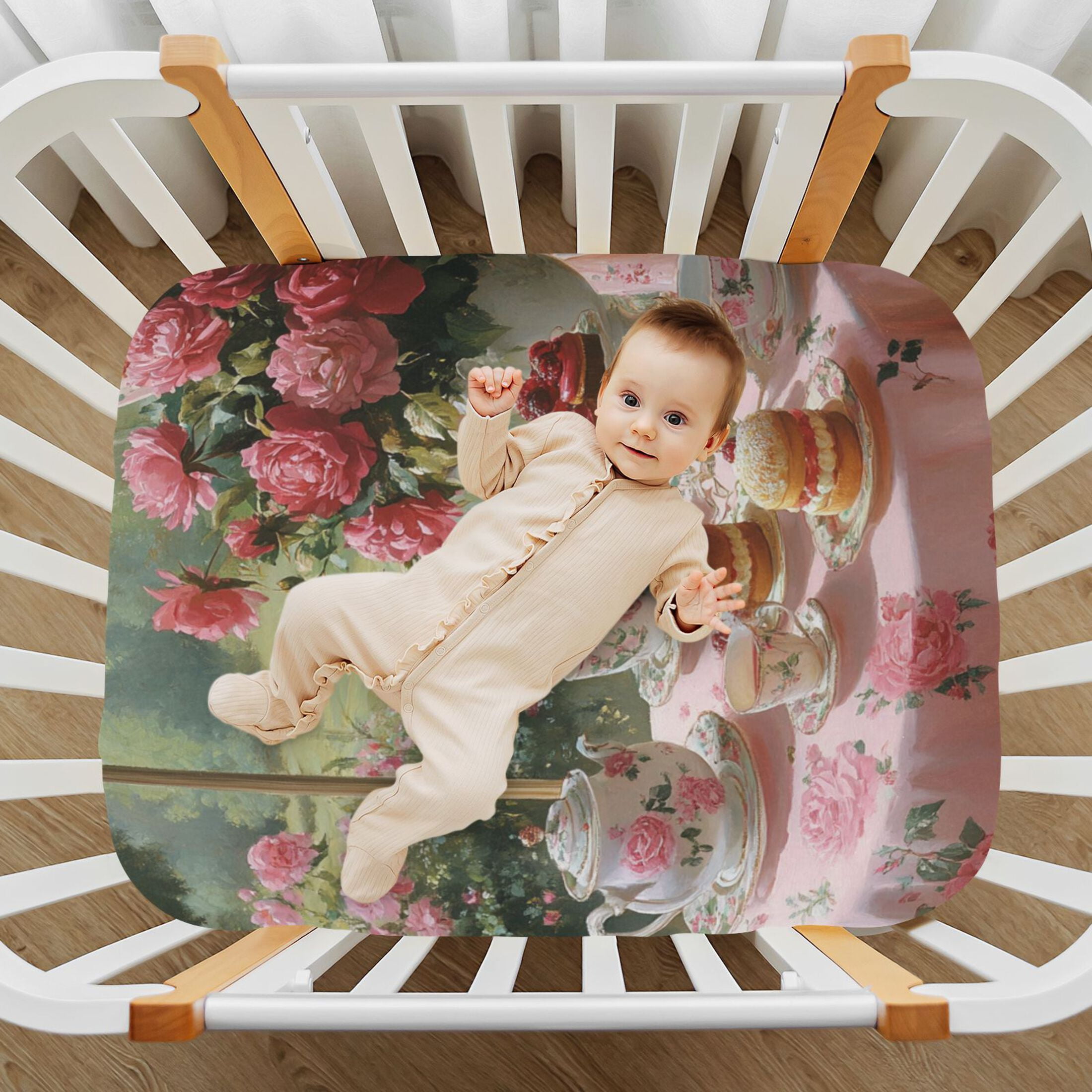 KUANGWANG Ultra Soft Fitted Microfiber Crib Sheets for Newborn Baby Boys Girls Tea Set with Roses Design Cute Pattern