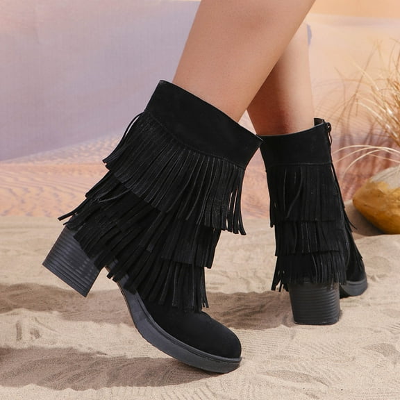 PiGOGI Fringe Boots for Women Winter Warm Tassel Suede Thick Heel Round Toe Mid Calf Boots Bohemian Style Comfortable Black 41