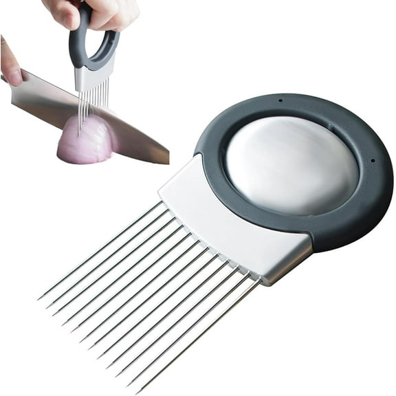 2025 Upgraded Stainless Steel Onion Slice Holder, Stainless Steel Vegetable Slicer Cutter for Potato and Tomato, Kitchen Chopper Slicing Assistant Tool Lemon Slicer Onion Cutter