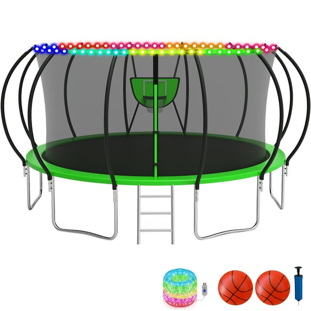 KOFUN Trampoline with Basketball Hoop & Light, 1500lbs 10FT 12FT 14FT 16FT Trampoline for Adults and Kids, No Gap Design Backyard Trampoline with Enclosure Net, Ladder, Green
