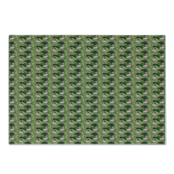 Tropical Cutting Board, View of Hawaiian Style Flamingos Monstera Banana Leaves and Lavish Flowers Pattern, Decorative Tempered Glass Cutting and Serving Board, in 3 Sizes, by Ambesonne