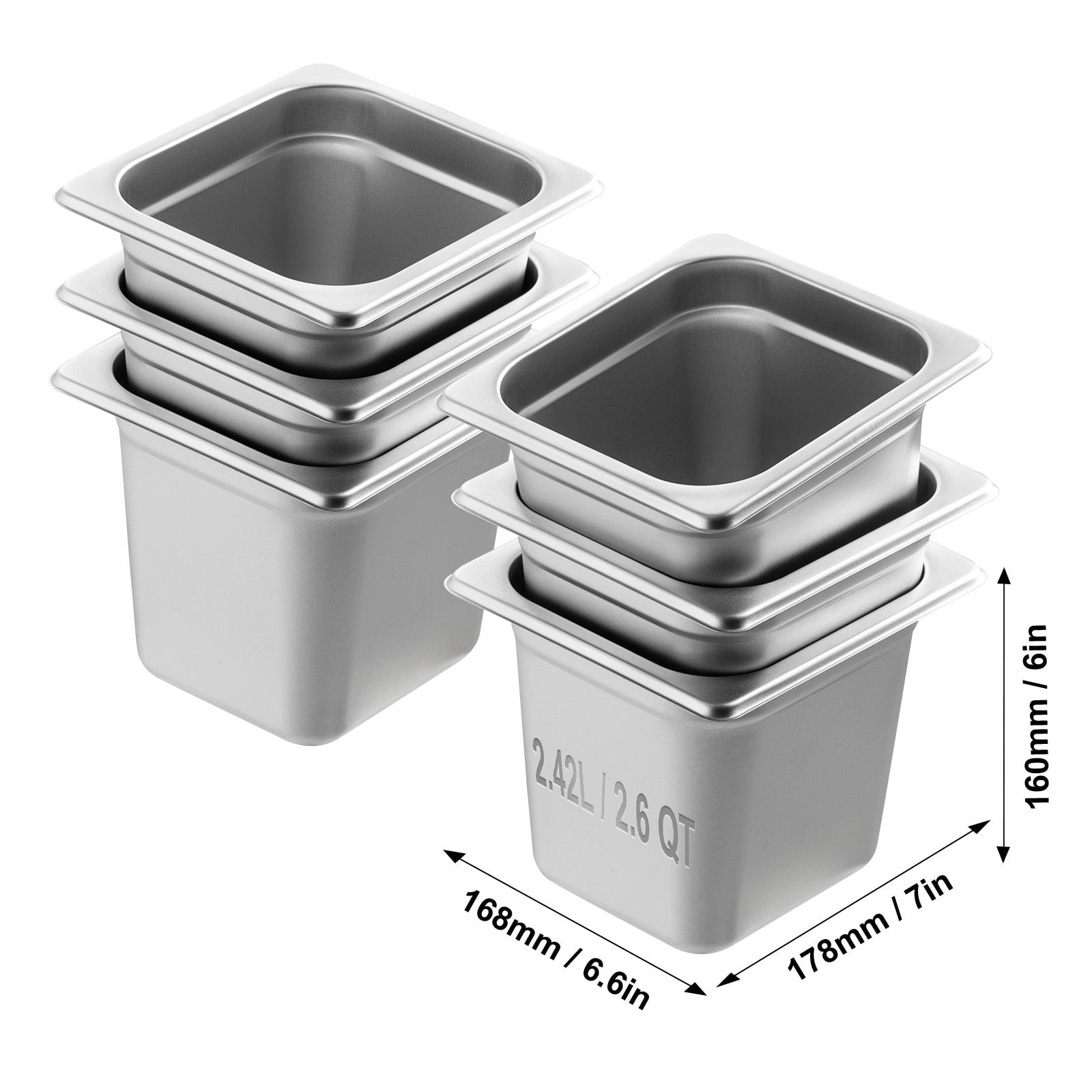 6-Pack 1/6-Size Stainless Steel Steam Table Pans, 6-Inch Depth, Food-Grade SUS201, Heat & Cold Resistant, Anti-Stacking Grooves, for Restaurants, Catering & Buffets