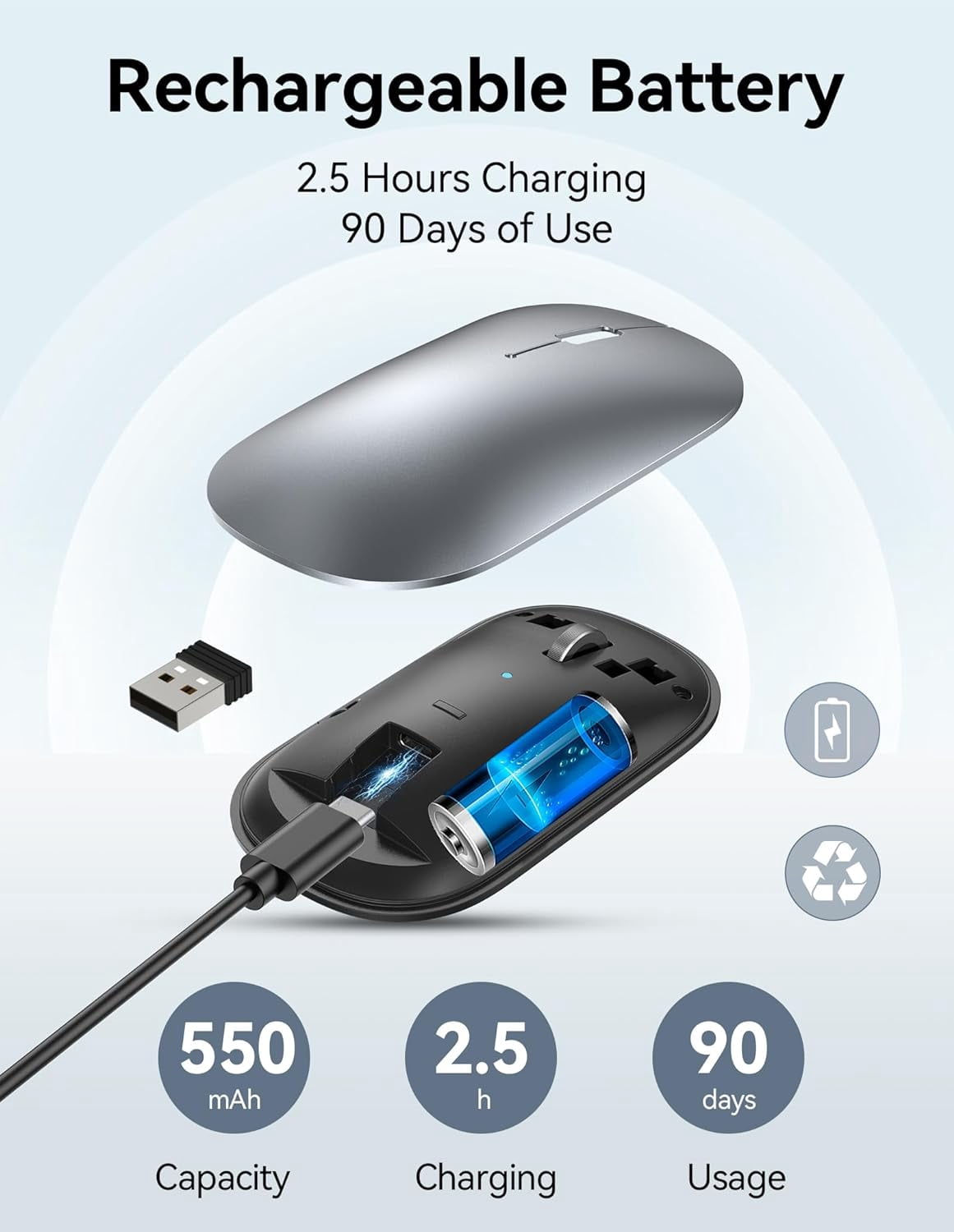 2.4G Tri Mode Rechargeable Bluetooth Wireless Mouse, Ultra Thin Silent 4000 DPI Portable Computer Mouse