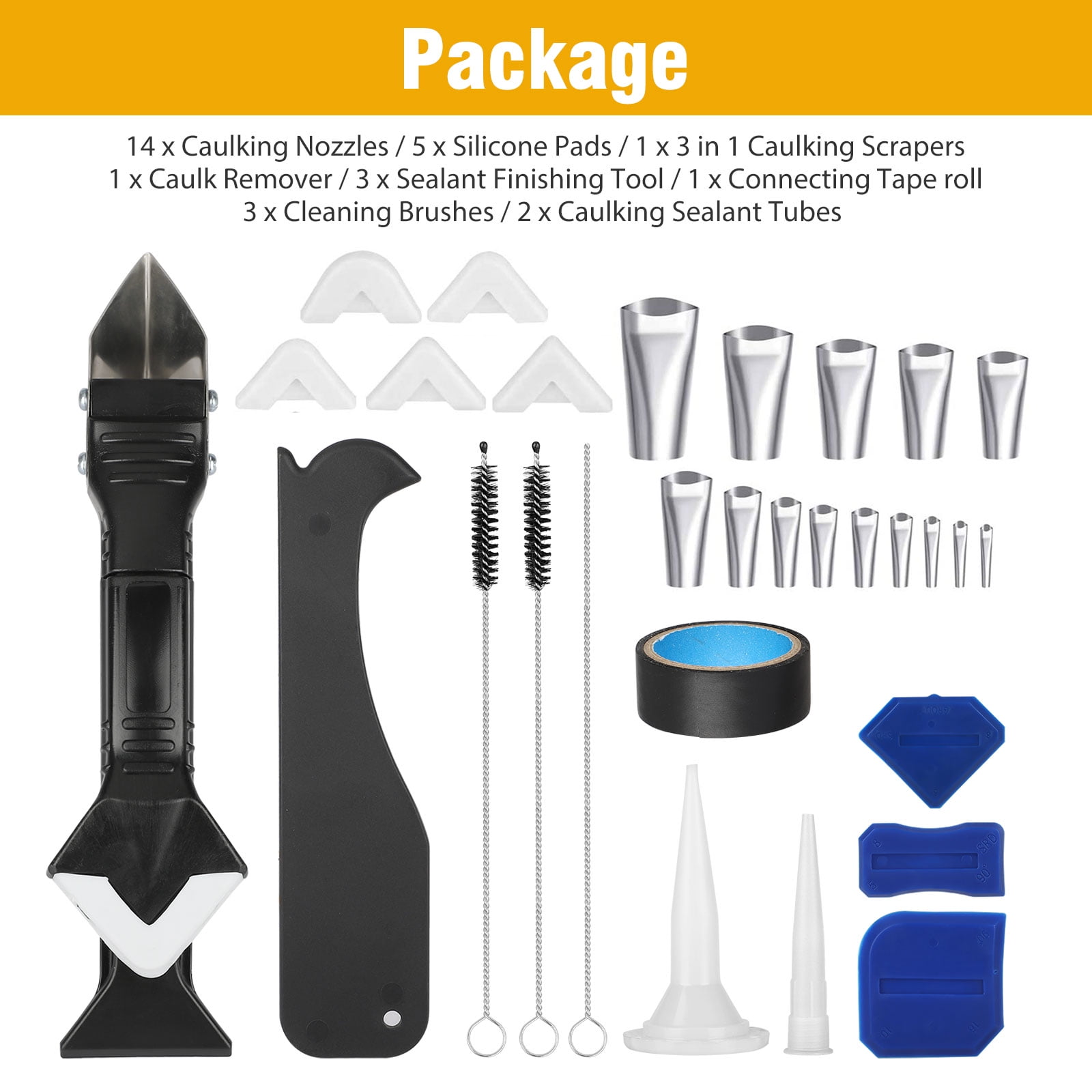 12pcs Silicone Sealant Finishing Tools Grout Scraper Caulk Remover Board Caulk Nozzle Caulk Caps for Bathroom Kitchen Floor Sealing Caulking Tool Set Blue, Black, Yellow