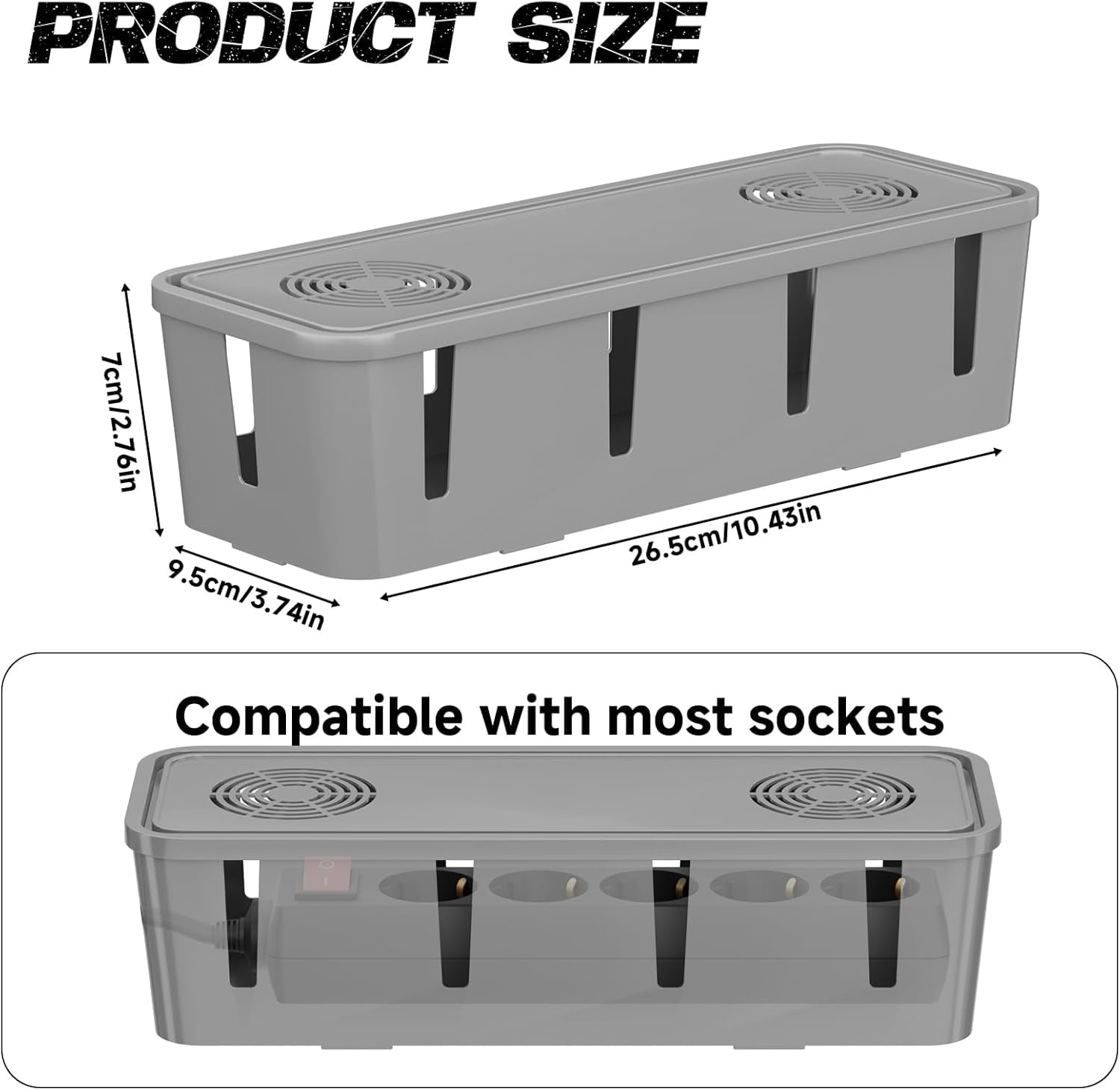 FEFEFW-Cable Management Box, Cable Organizer Box and Power Strip Box, Power Strip Protector Box - Wire Box Hider for Desk - 10 Open Slots (Grey)