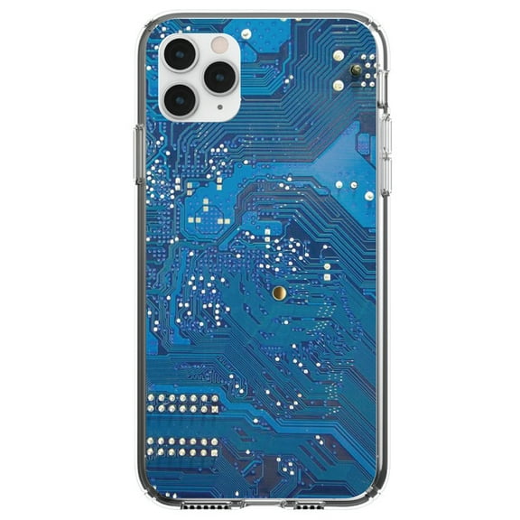 DistinctInk Clear Shockproof Hybrid Case for iPhone 12 / 12 PRO (6.1" Screen) - TPU Bumper, Acrylic Back, Tempered Glass Screen Protector - Blue Circuit Board Image - Printed Circuit Board Image
