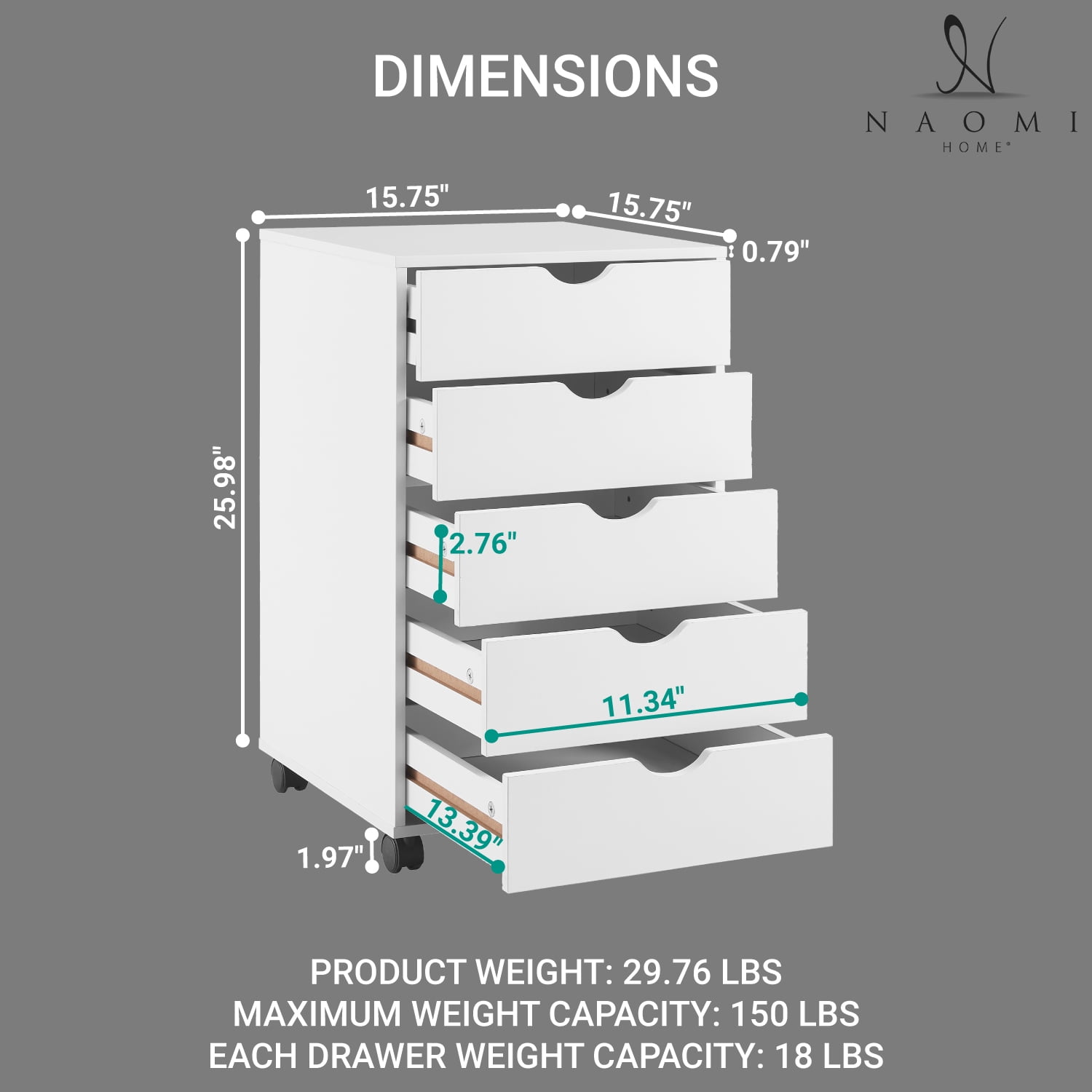 Naomi Home Taylor 5-Drawer Mobile Dresser for Bedroom Storage, Adult, White