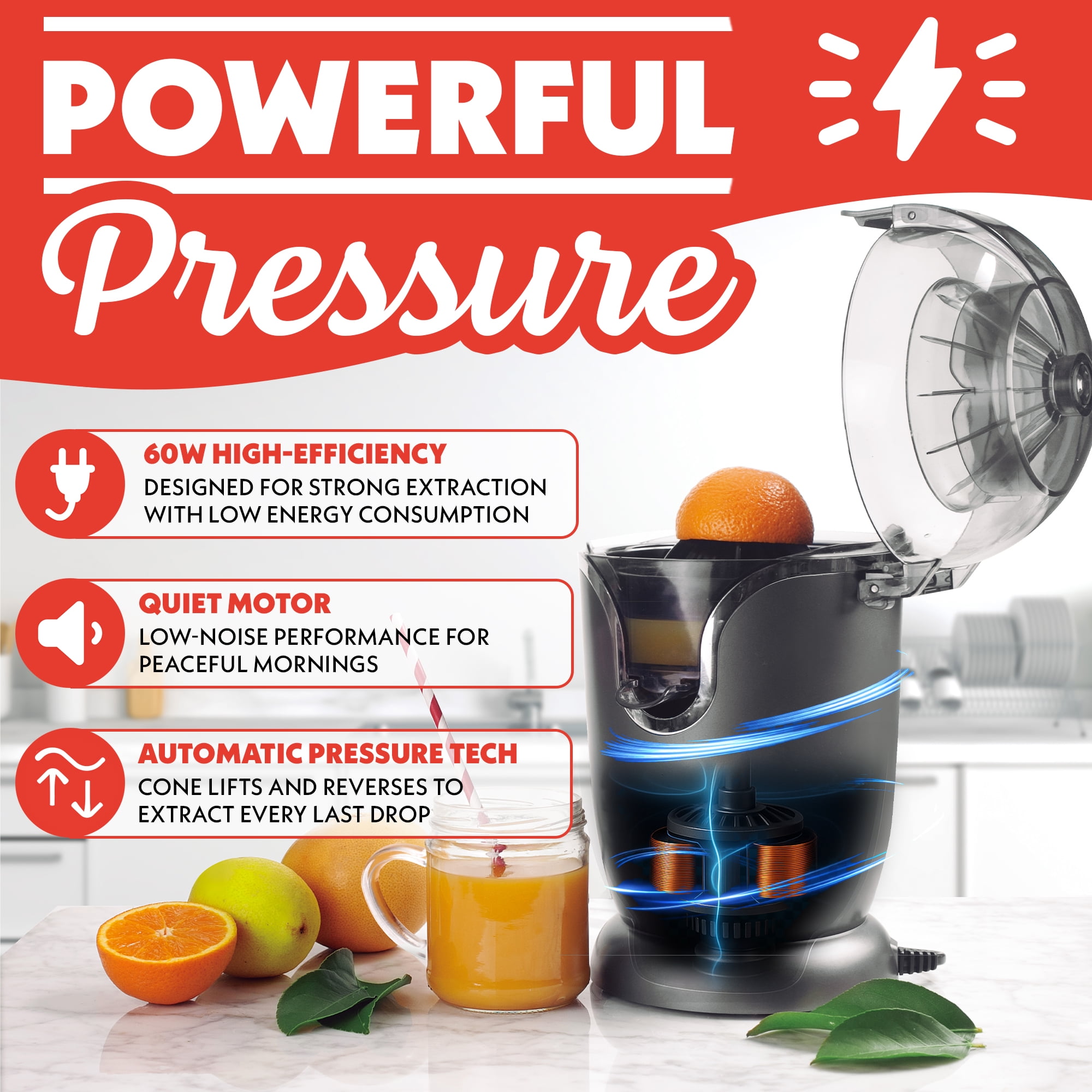 Gourmia Automatic Electric Citrus Juicer, Hands-Free, One-Touch, Universal Cone