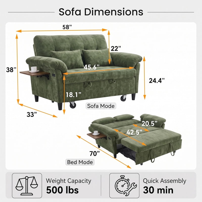 Gewnee 58" Convertible Sofa Bed, Loveseat Sleeper Sofa with USB Ports, Side Table& 6-in-1 Adjustable Backrest, Pull Out Sofa with Pillows for Small Spaces,Chenille(Green)