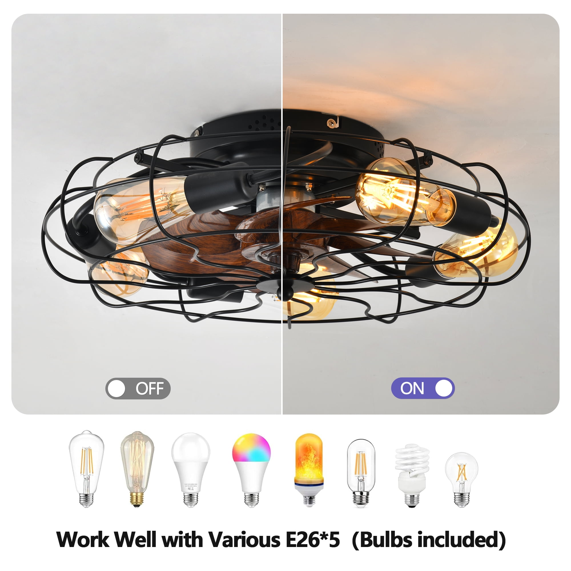 GCGAFUL 19.7 Inch Ceiling Fan with 5 Lights and Remote, Black Low Profile Flush Mount Caged Fan Light, Farmhouse Fan for Bedroom Kitchen