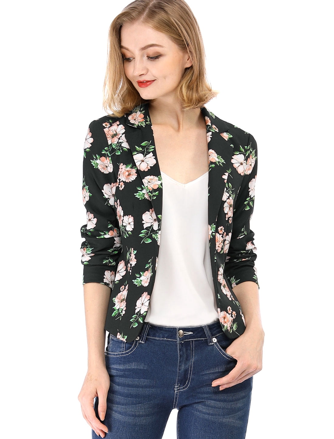 DARING DIVA Women's Elegant Notched Lapel Floral Print Blazer 2XL Black-Floral