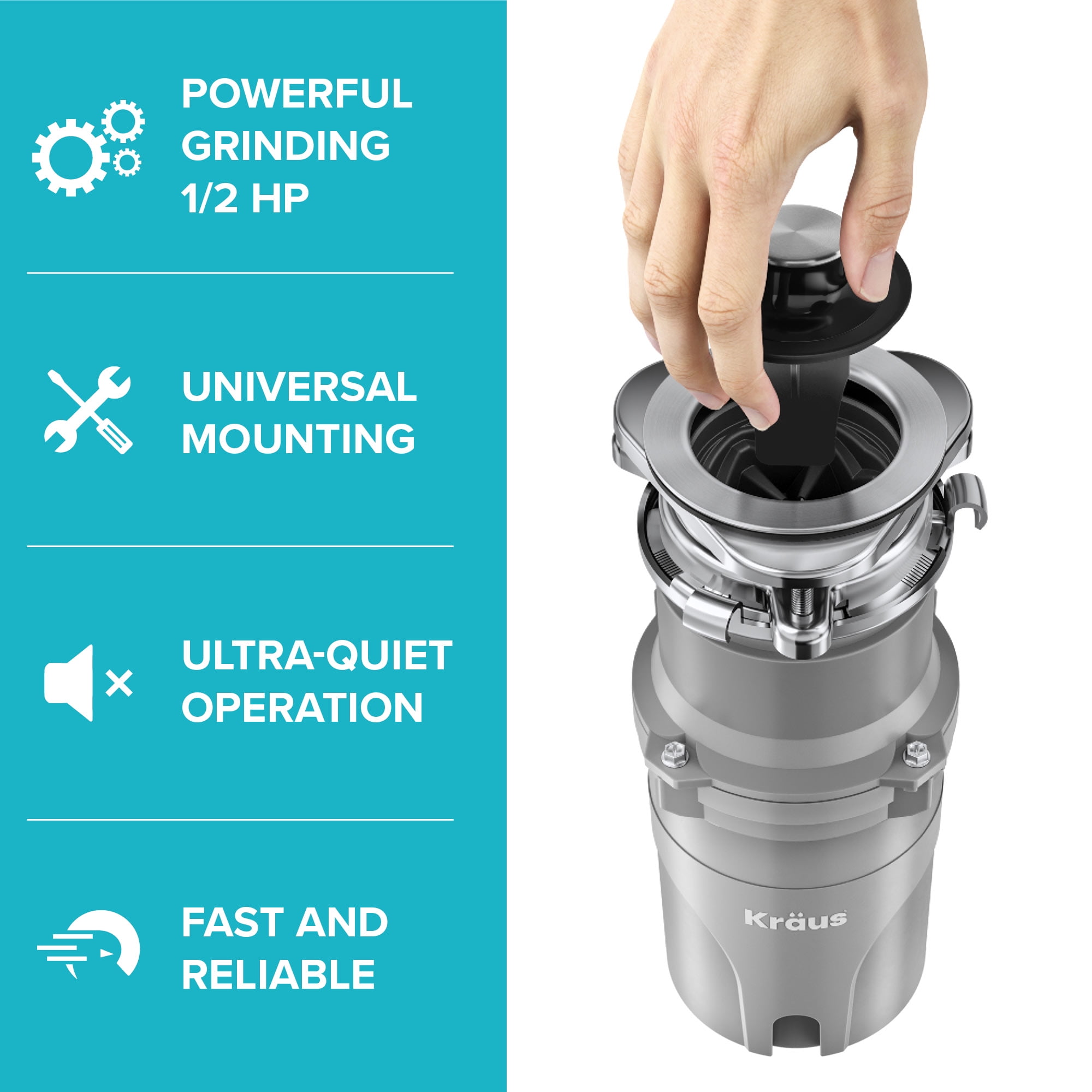 KRAUS WasteGuard High-Speed 1/2 HP Continuous Feed Ultra-Quiet Motor Garbage Disposal with Power Cord and Flange Included and Universal Mount