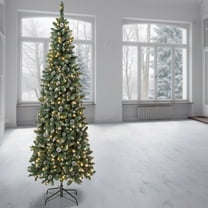 National Tree Company 7.5 ft. Pre-Lit Artificial Oakley Hills Slim Christmas Tree, Green, Warm White LED Lights, Flocked, Includes Stand