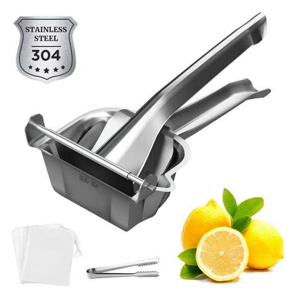 4.73 Inch Large Lemon Squeezer, Heavy-Duty Manual Citrus Press Juicer for Lemons, Limes, Oranges & Pomegranates, 304 Stainless Steel, with Juice Keeper Clip & 10 Strainer Bags