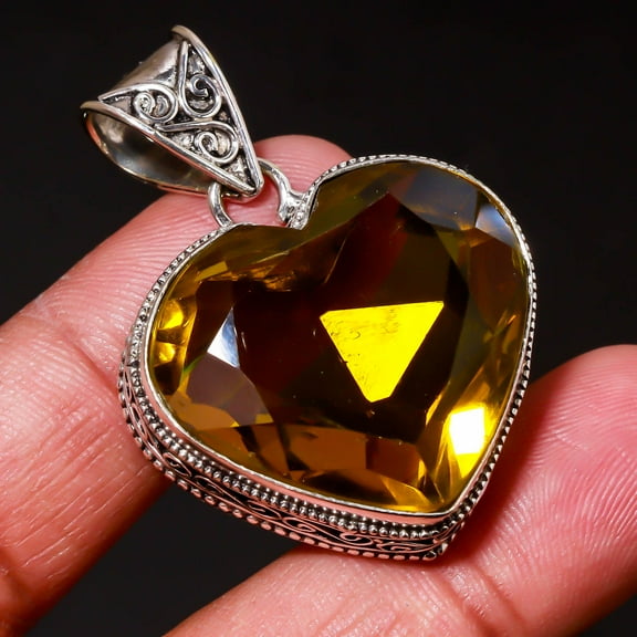 Citrine Gemstone Pendant Handmade Antique Gift Heart Shape Vintage Jewelry 1.90"