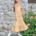 thumbnail image 6 of ZACPNCV Girls Flutter Sleeve Dresses Kids Summer Double Layer Ruffle Sleeve Dress Khaki 12-13 Years, 6 of 7