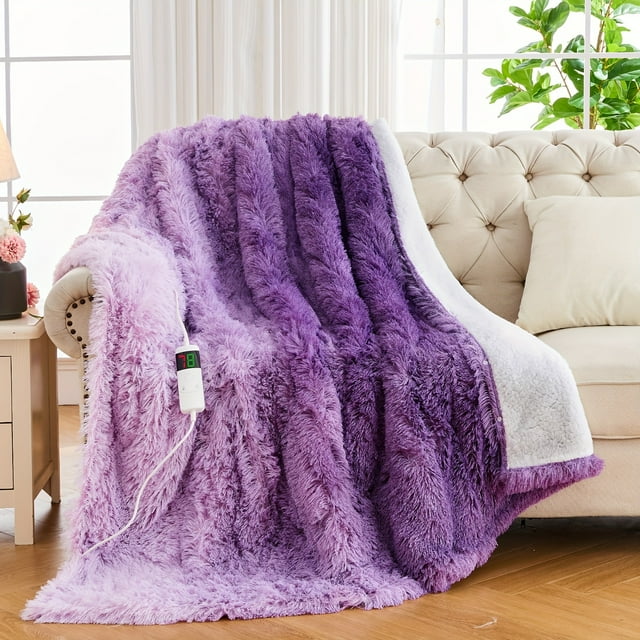 FNNMNNR 1pc Electric Heated Throw Blanket Soft And Cozy Electric Heating Blanket Shaggy Long Fur Faux Fur Heated Blanket With Heat Settings And Auto Shut-Off Flannel Single Person War