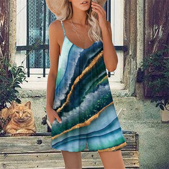 Holloyiver Summer Dresses for Women 2023 Trendy Floral Print T-shirt Vest Beach Dress Sleeveless Pocket Loose Boho Round Neck Mid Length Sun Dress Light Blue