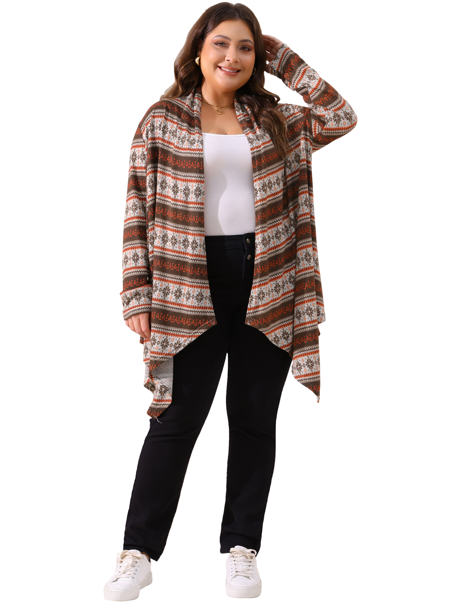 DARING DIVA Plus Size Front Open Lightweight Striped Long Sweaters 1X Brown