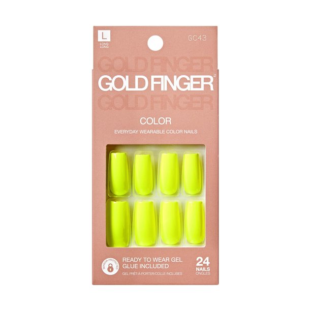 Kit de uñas postizas Goldfinger Listo para usar Uñas postizas de color amarillo neón Barra de manicura y pegamento incluidos Forma cuadrada larga Pegamento en uñas de larga duración y tendencia