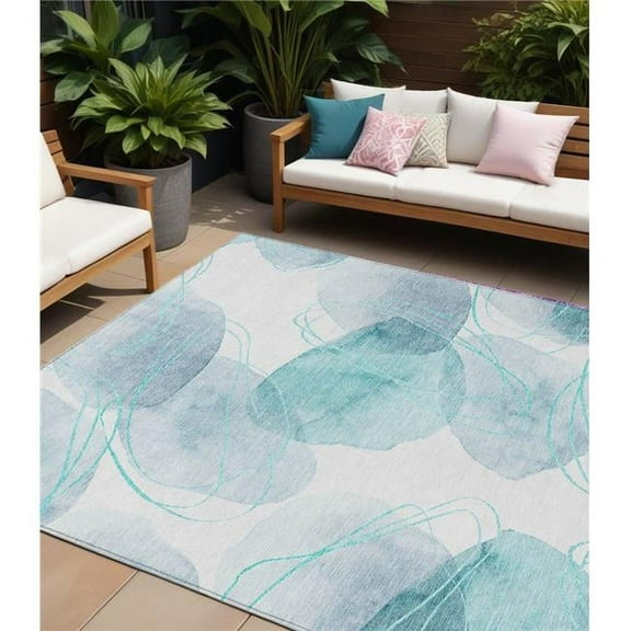 HomeRoots 562134 8 x 10 ft. Teal & Ivory Abstract Washable Non Skid Indoor Outdoor Rectangle Machine Woven Area Rug