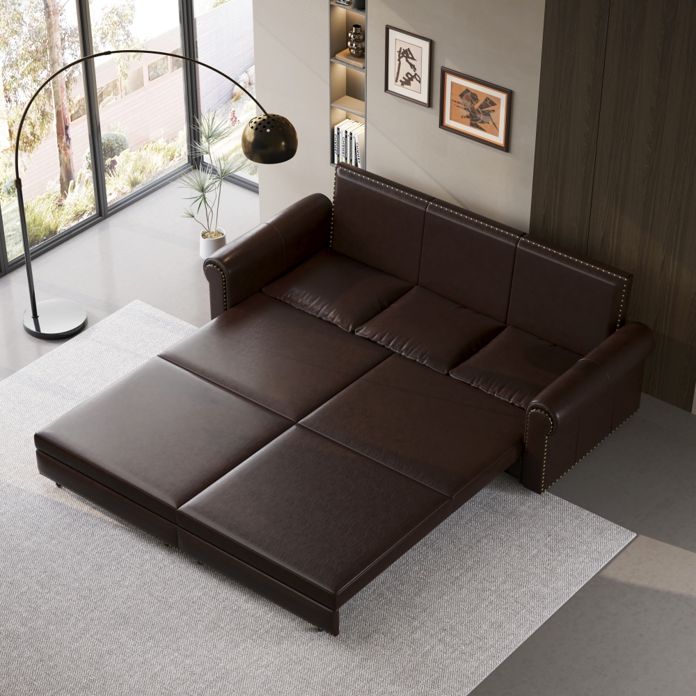 Chesterfield Sofa,93.7" King Pull Out Sofa Bed,3-in-1 Faux Leather Convertible Sleeper Sofa with Nailhead Trim & Rolled Arm,Multi-Functional Sofa Bed for Living Room, Dark Brown