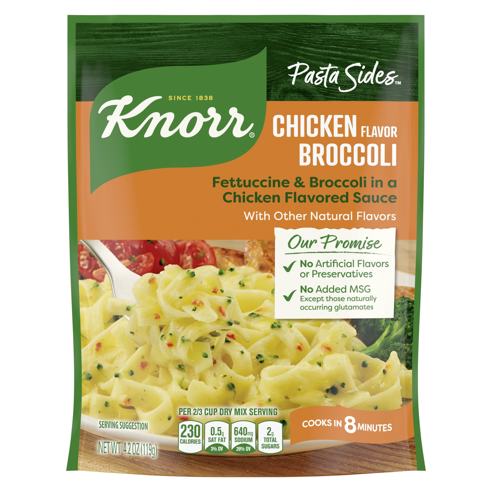 Knorr Pasta Sides Chicken Broccoli, Fettuccine Pasta, Cooks in 8 Minutes, No Artificial Flavors, No Colors from Artificial Sources, No Added MSG, 4.2 Oz