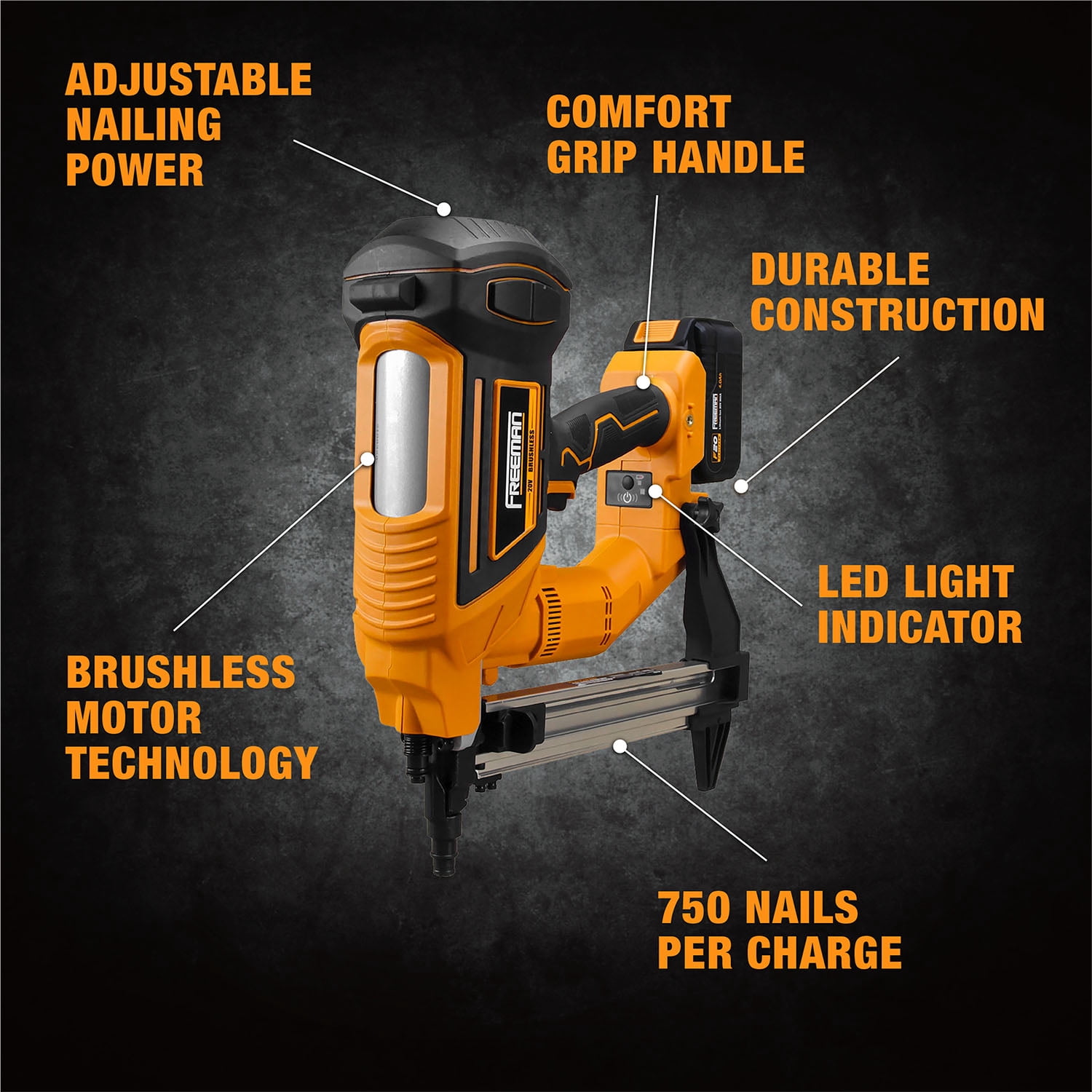 Freeman PE20VCSPN40 20 Volt Cordless and Brushless 1-1/2" Concrete Nailer Kit with Lithium Ion Battery, Charger, and Case – 750 Shots per Charge