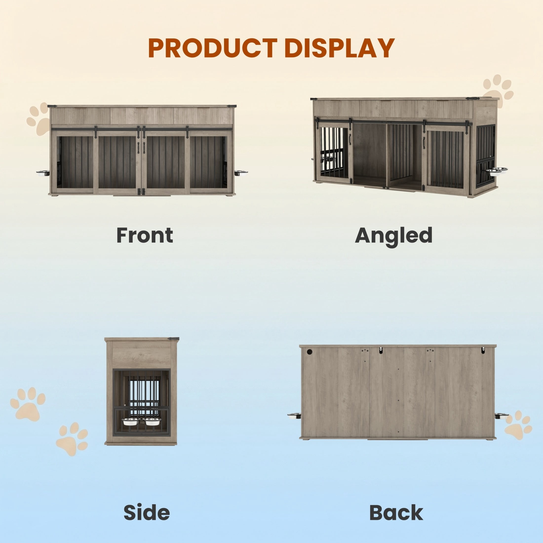 Noble House 71" Double Dog Crate Furniture with Fluted Drawers, Large Kennel with Charging Station, Plaid Grey Oak