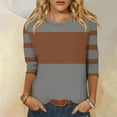 thumbnail image 2 of Womens 3/4 Length Sleeve Tops Fall Striped Color Block Trendy Casual Loose Fit Crewneck Sweatshirts Basic Work Daily Wear Tops,Brown,XL, 2 of 3