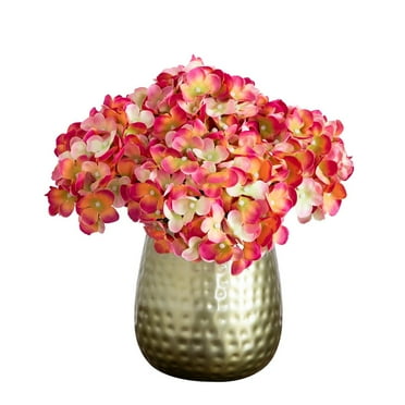 Nearly Natural 11in. Artificial Hydrangea Arrangement in Gold Metal Vase