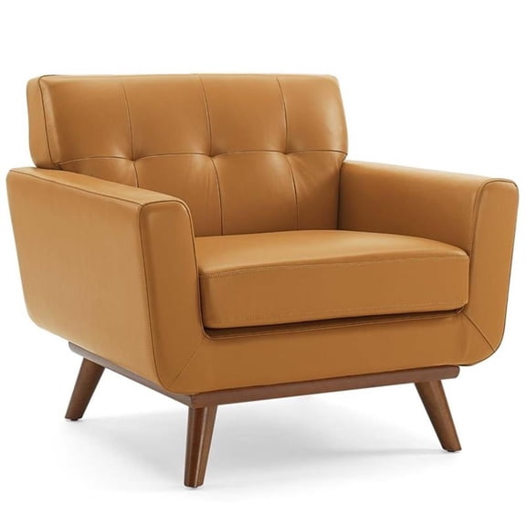 Maklaine Top-Grain Leather Living Room Accent Armchair in Tan