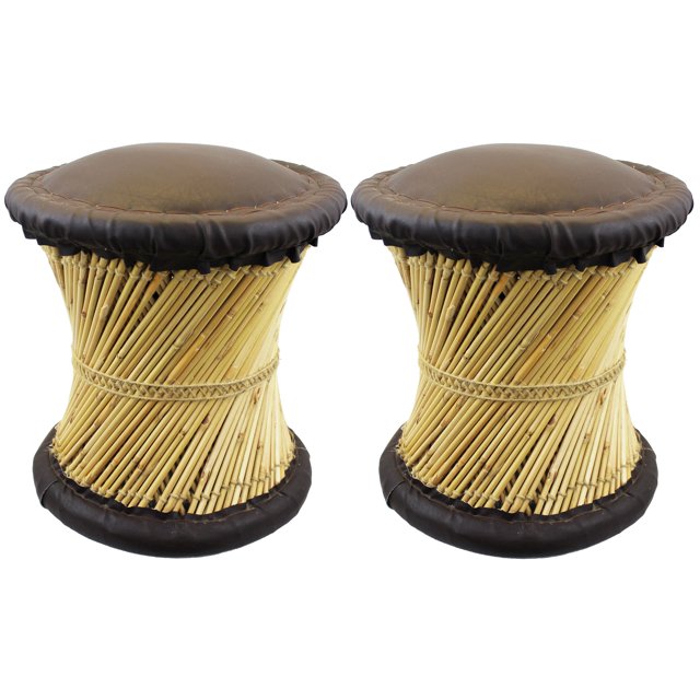 Natural Geo Moray Accent Stool (Set of 2) - Faux Leather Brown