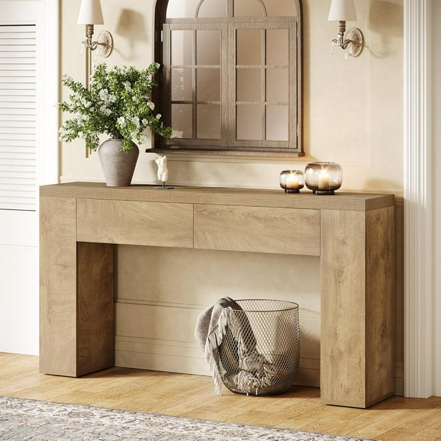 Tribesigns 63-Inch Wooden Console Table with 2 Hidden Drawers, Farmhouse Rustic Brown Sofa Table for Living Room, Hallway, Entryway, Foyer, Easy Assembly
