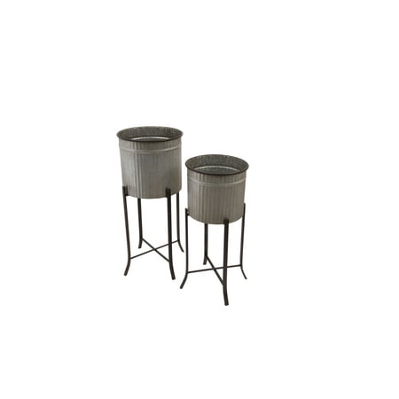 Woven Paths Grey Corrugated Metal Planters with Stands  Set of 2 Pieces