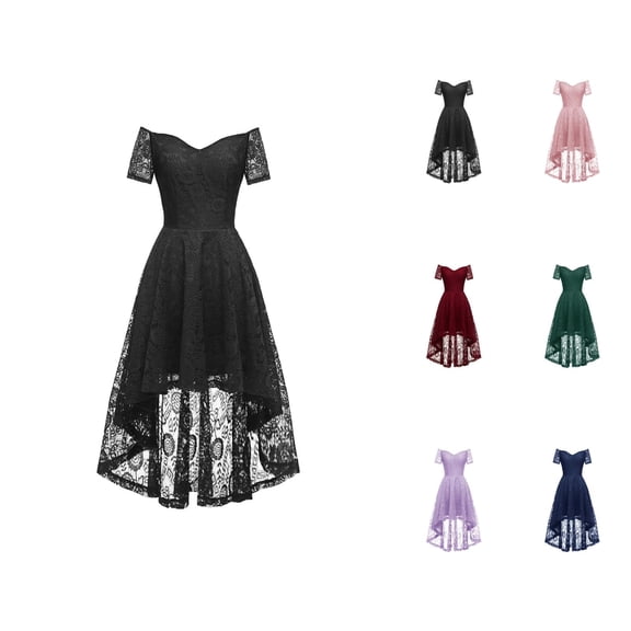 Cocktail Dresses for Women Floral Lace Short Sleeve Off Shoulder High Low A Line Ruffle Flowy Midi Dress Wedding Guest Dress