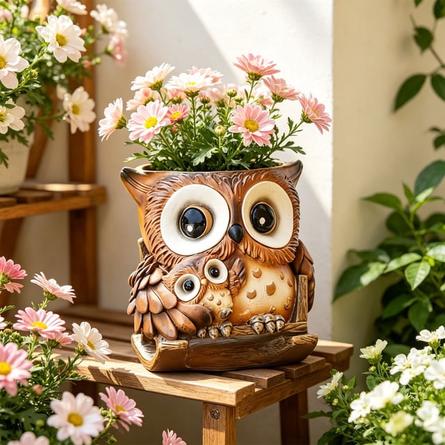 Creatives Resin Owl Flower Pot Ornament Rocking Chair Owl Flower Pot Suitable For Indoor And Outdoor Office Desktop Decoration Can Serve As A Gift