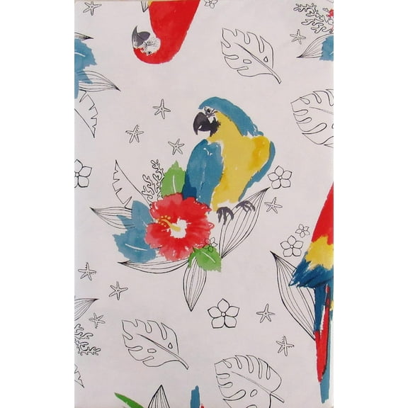 Summer Fun Tropical Birds Flannel Backed Vinyl Tablecloth Multi Color on White 52 x 70 Oblong