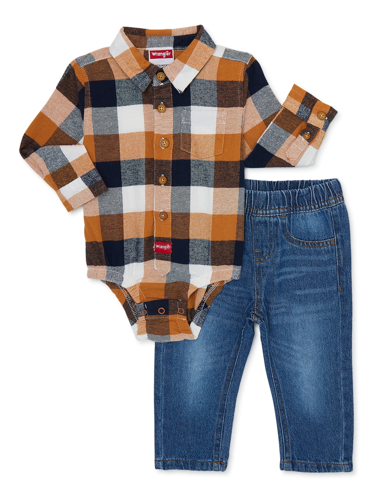 Wrangler Baby Boy Long Sleeve Flannel Bodysuit and Denim Pants Set, 2-Piece, 0/3M-24M