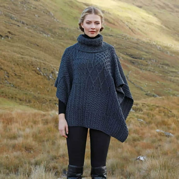 Aran Woollen Mills Ladies Irish Wool Cape – Cowl Neck – Gray, Adult One Size