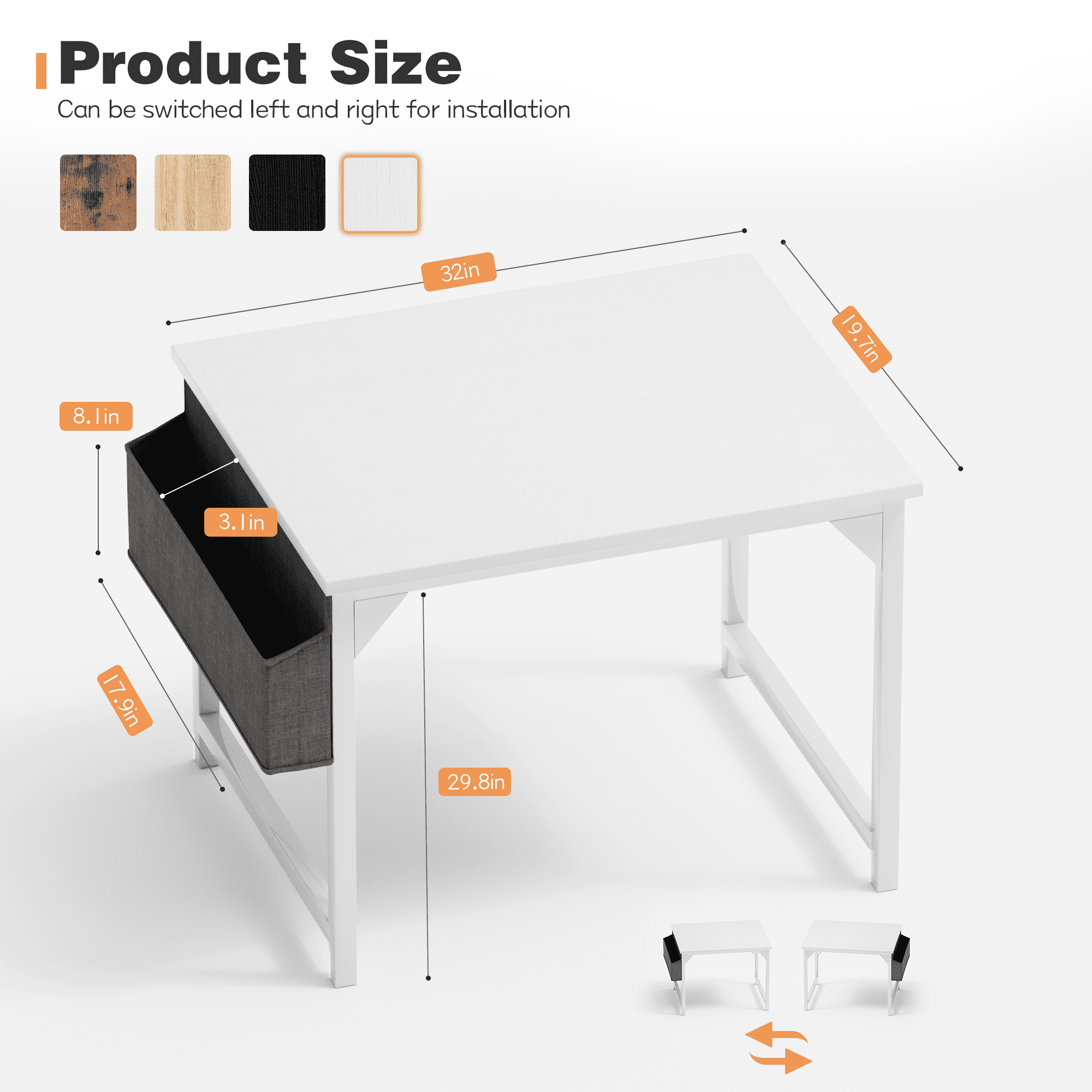 Lacoo Computer Desk 31 Inch Small Office Desk Modern Writing Desk with Storage Bag Work Study Table with Headphone Hook for Home Office, White