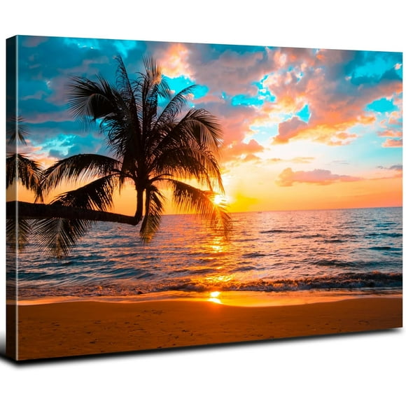 Beach Palm Tree Wall Art Ocean Decor Sunset Wall Art Coastal Landscape Pictures for Living Room Tropical Seascape Poster Canvas Nature Painting Modern Artwork Bedroom Bathroom Home Decor 12x16”
