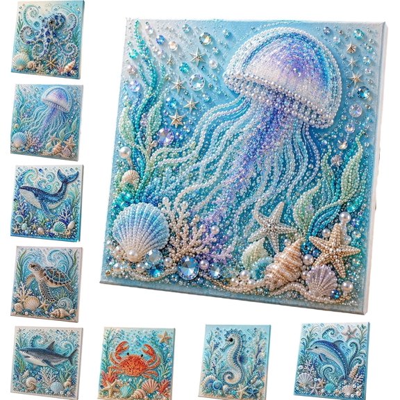 Ocean Theme Pearl Crystal Art DIY Kit, 3D Sparkling Sea Turtle Coastal Wall Decor, Faux Gemstone Mosaic Crafts Set for Beginners, Cozy Beach House Nautical Wall Hanging Accent, DIY Handcrafted Gift