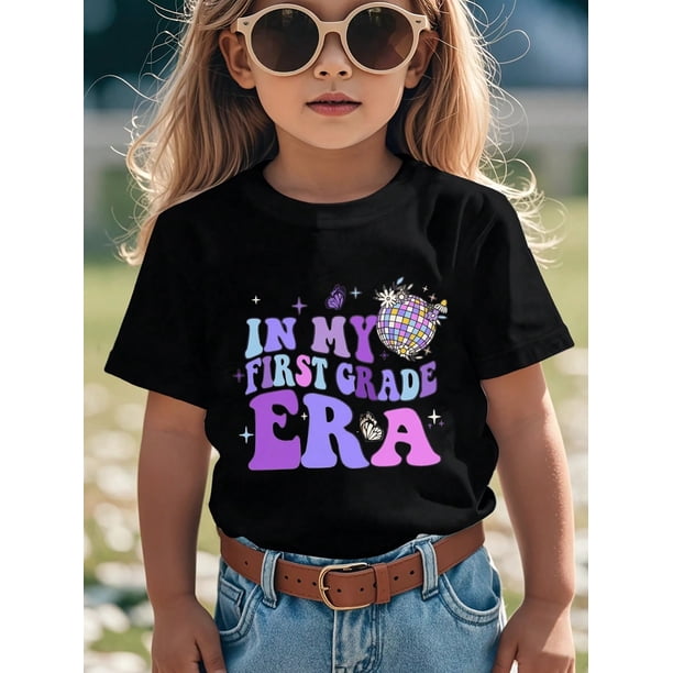 Kids Cotton T-Shirt, First Of School Top Black Short Sleeve Tee For Grade 1, Print Summer Outdoor Sports Shirts, Back To School First Grade Graphic Tee