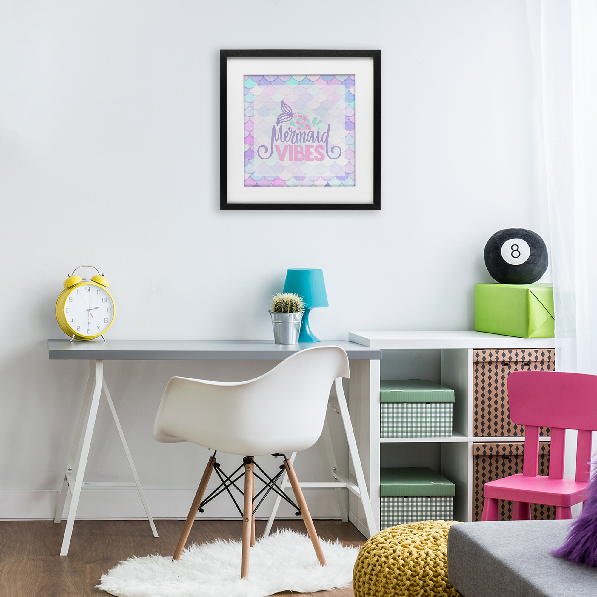 Pastel Mermaid Vibes Black Framed Print Under Glass, design by Kim Allen