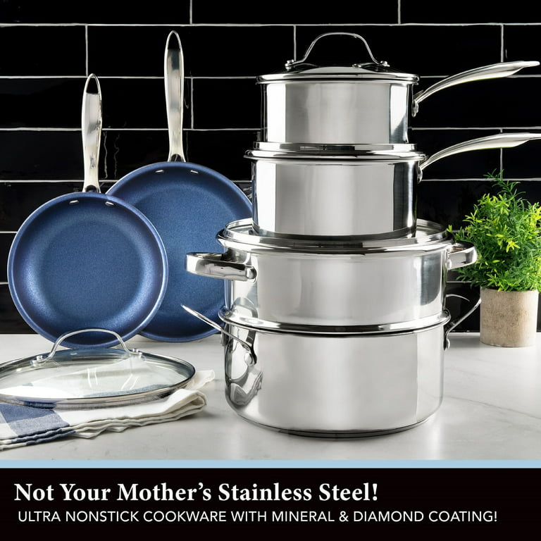 Granitestone Blue Nonstick Cookware Set, Tri-Ply Base, Stainless Steel Pots  & Pans Set, 5 Piece Cookware, Includes, Frying Pans, Stock Pots 