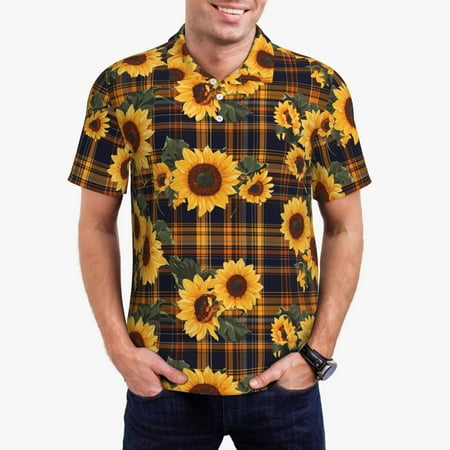 Uemuo Brown Blue Plaid Sunflower for Men’s Golf Shirt – Premium Pique Cotton Polo Soft & Breathable Casual Short Sleeve Shirt Comfortable Activewear for Sports & Leisure-Small