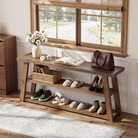 Finmind 63" Solid Wood Entryway Bench with Storage, 3-Tier Farmhouse Shoe Rack Bench for Hallway, Foyer, Entrance, Mudroom, Rustic Brown