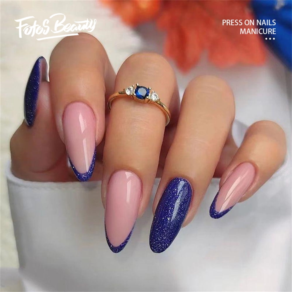 Fofosbeauty 24 pcs Fake Nails, Press On Nails Designs 2023, Square Light  Blue French With Stones Shining
